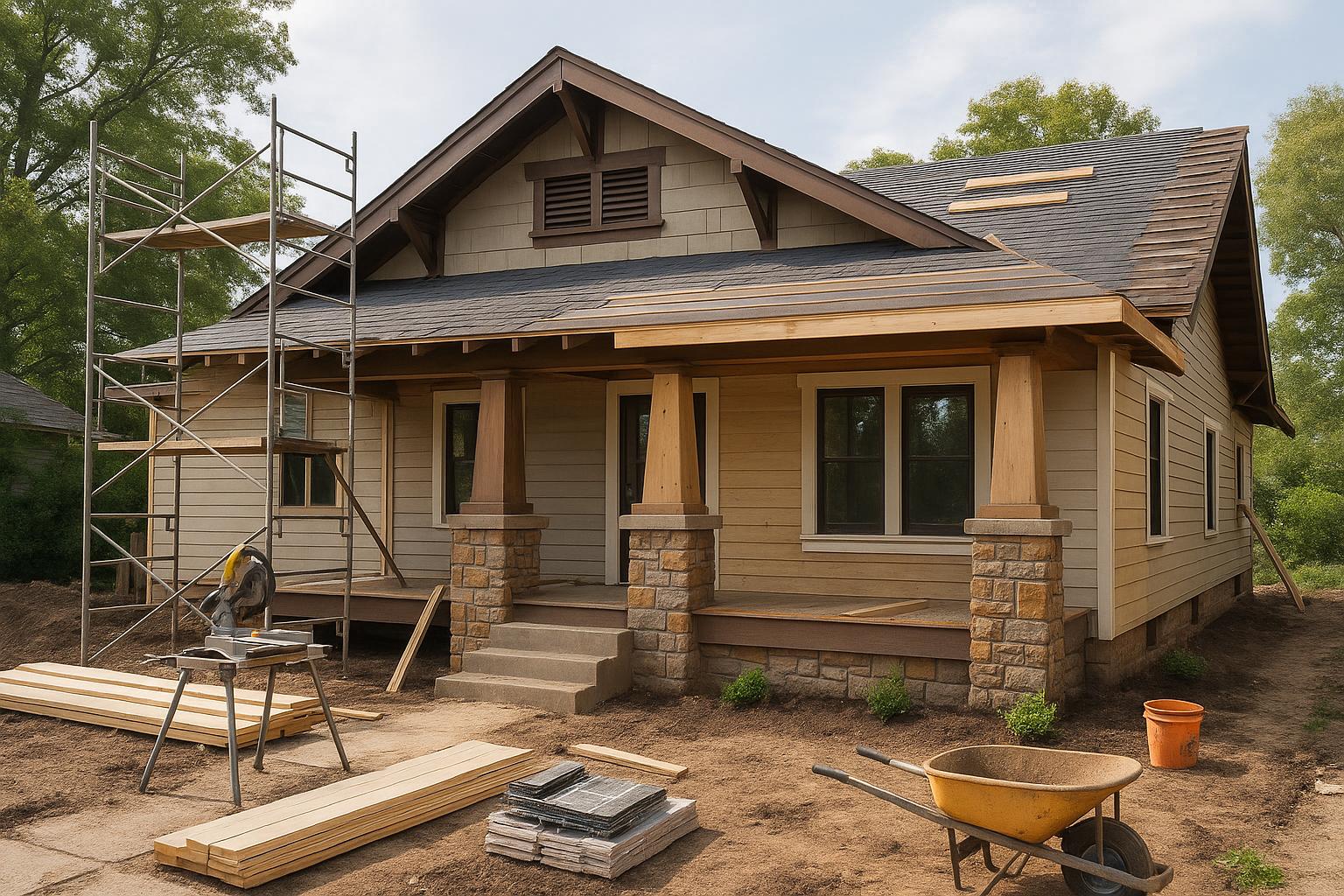 Craftsman Bungalow - Renovation in progress showing construction work and traditional Craftsman features